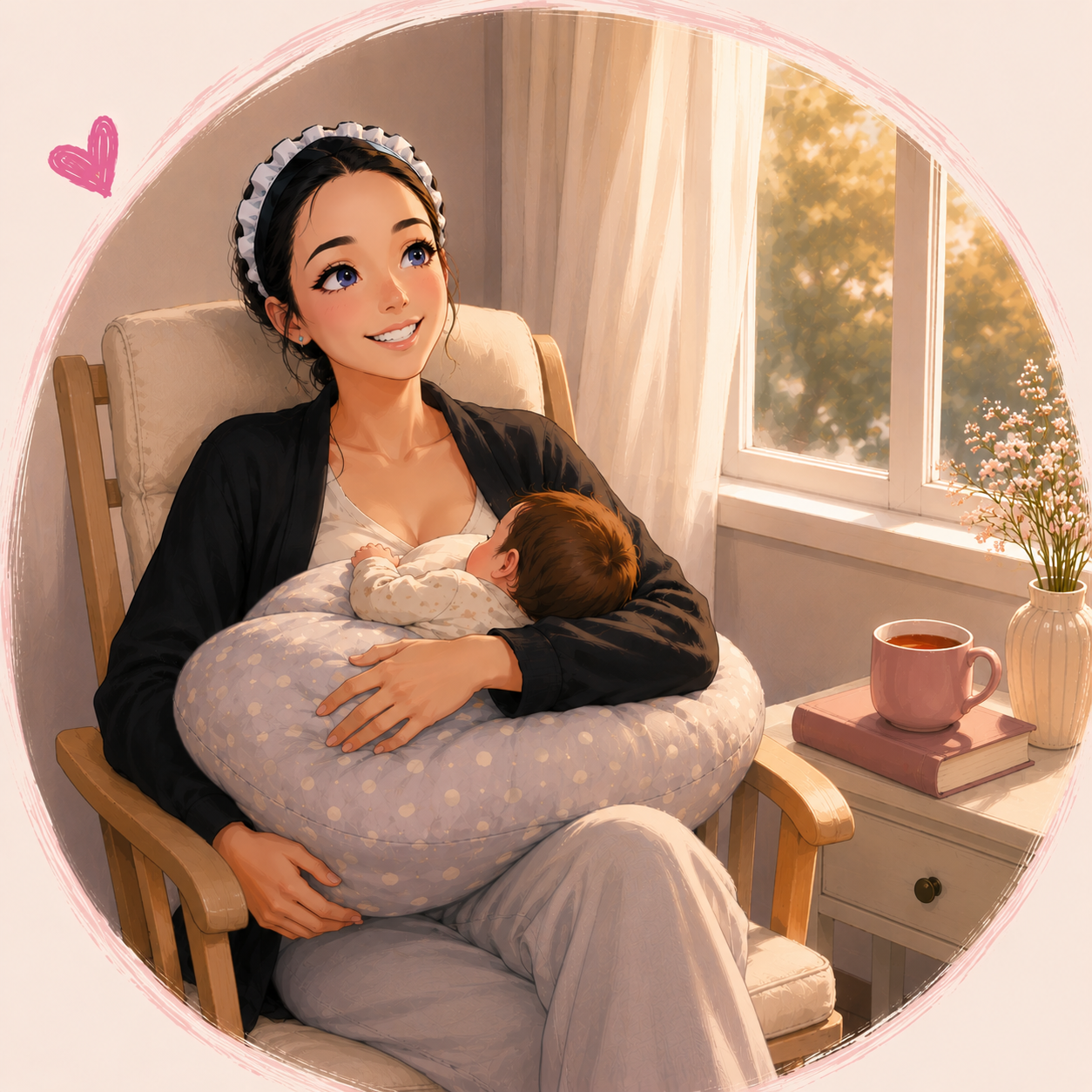 Ilustrace maminky s miminkem v  křesle u okna