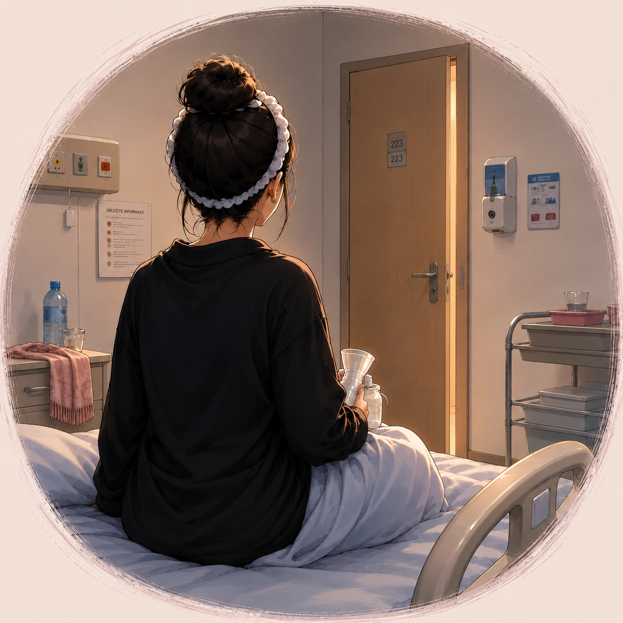 Ilustrace vykojené mámy, která sedí na posteli v porodnici, v ruce má odsávačku mléka a kouká na pootevřené dveře

