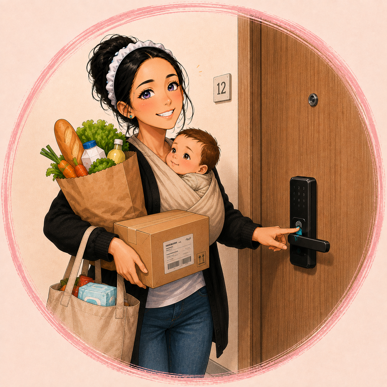 Ilustrace vykojené mámy, která stojí přede dveřmi od bytu, přikládá prst na chytrou kliku a nese nákup, balík a miminko.