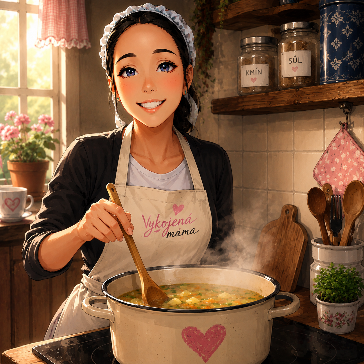 Ilustrace vykojené mámy, která stojí přede dveřmi od bytu, přikládá prst na chytrou kliku a nese nákup, balík a miminko.