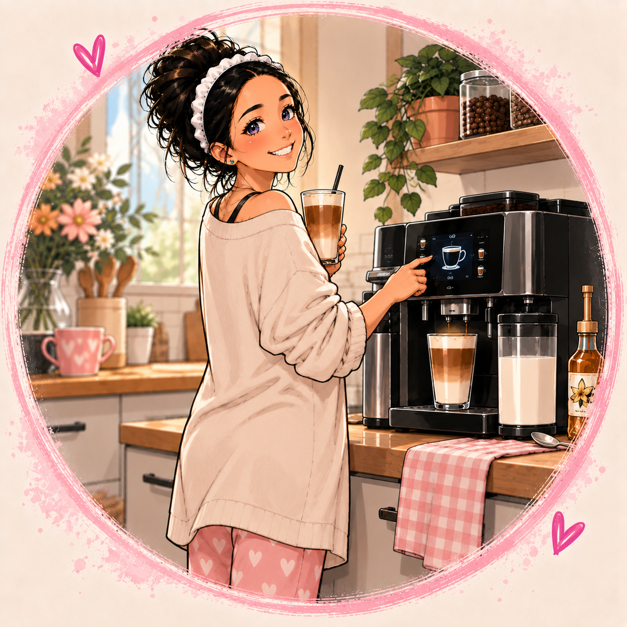 Ilustrace vykojené mámy, která drží v ruce kávu a stojí zády ke kávovaru
