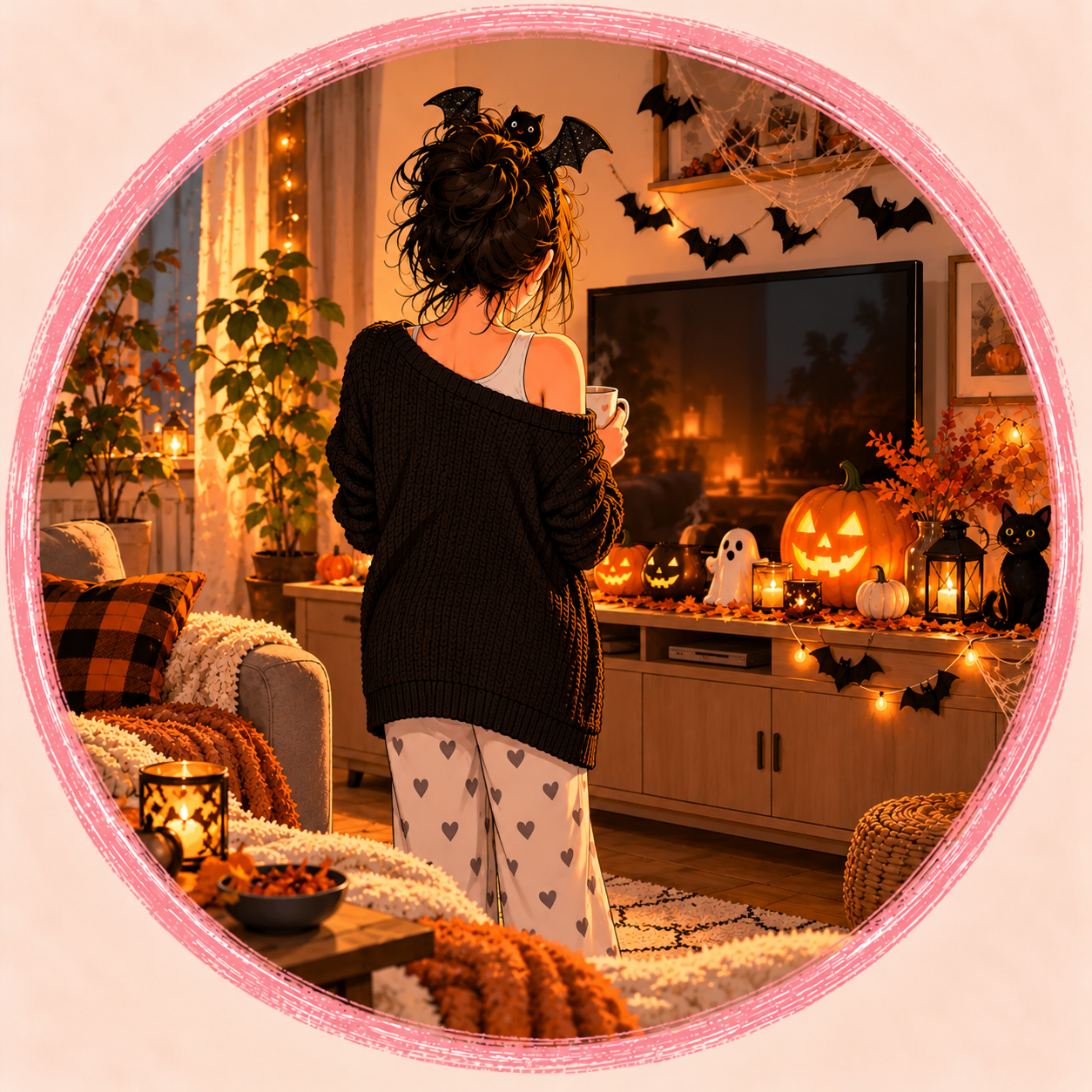 Ilustrace vykojené
mámy, která stojí v halloweensky vyzdobeném obýváku.